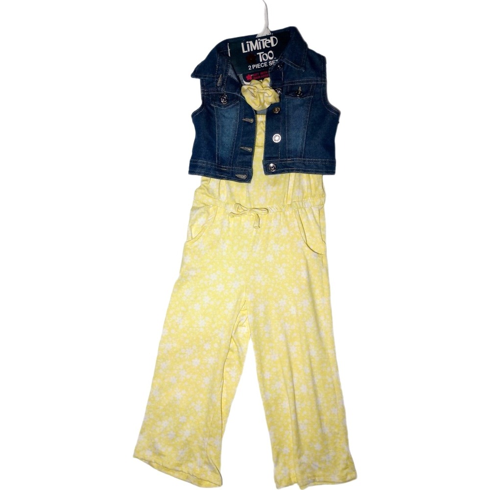 Limited Too Girls Sz 5 Yellow Jumpsuit Jean Vest Jacket Flower Daisy Outfit Hair